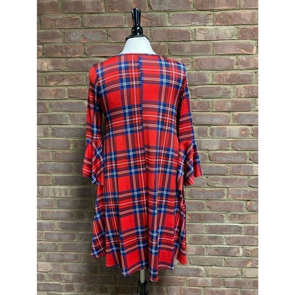 Red Plaid Bell Sleeve Crewneck Dress - Picture 4 of 4